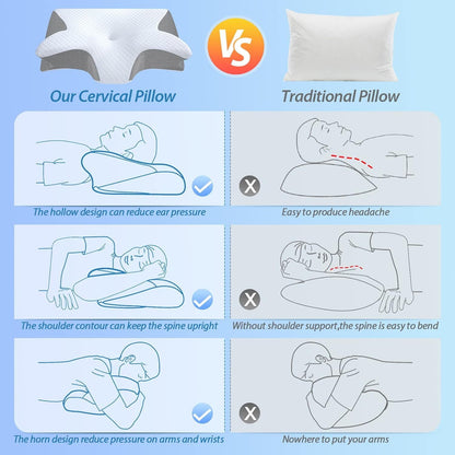 Cervical Pillow for Neck Pain Relief, Contour Memory Foam, Ergonomic Orthopedic Neck Support Pillow for Side, Back & Stomach Sleepers with Breathable Pillowcase Queen Size