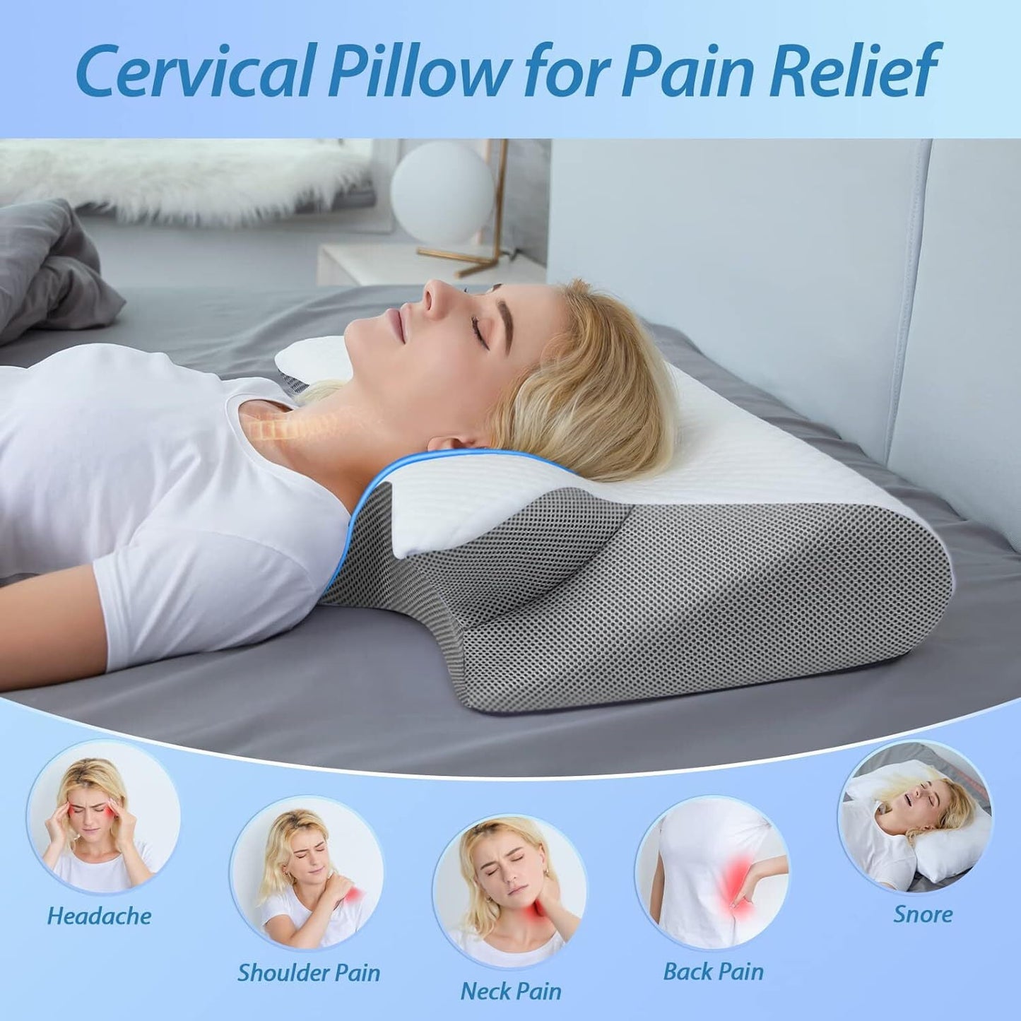 Cervical Pillow for Neck Pain Relief, Contour Memory Foam, Ergonomic Orthopedic Neck Support Pillow for Side, Back & Stomach Sleepers with Breathable Pillowcase Queen Size